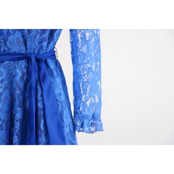 Vintage Cobalt Blue Lace Dress with Lace Ruffled Neckline/Cuffs Med/Large - Picture 4 of 8